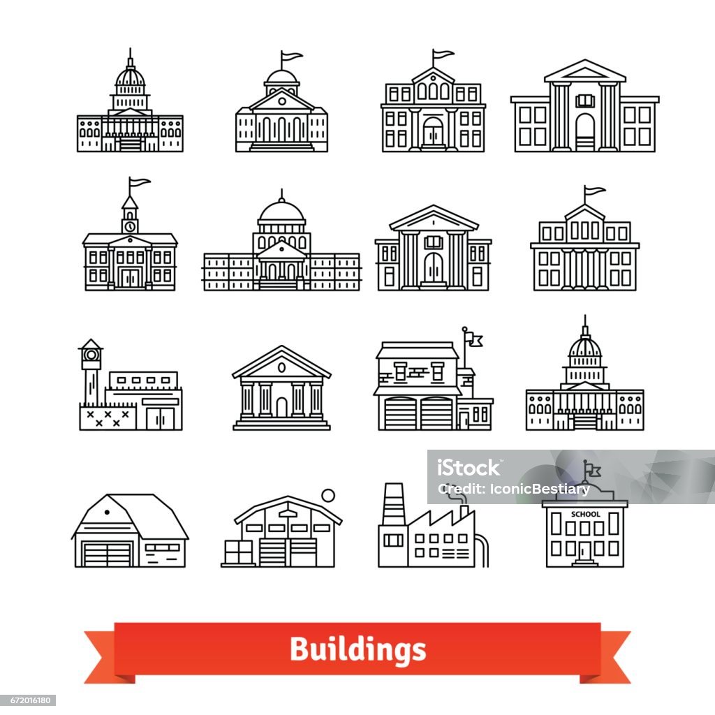 Government and educational public building set Government and educational public building set. Thin line art icons. Linear style illustrations isolated on white. Government Building stock vector