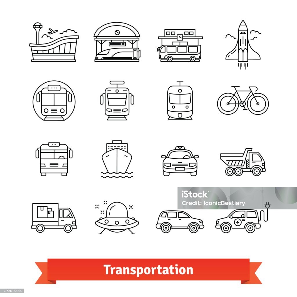 Modern transportation and urban infrastructure set Modern transportation and urban infrastructure set. Road, rail, water city and space transportation. Thin line art icons. Linear style illustrations isolated on white. Icon Symbol stock vector