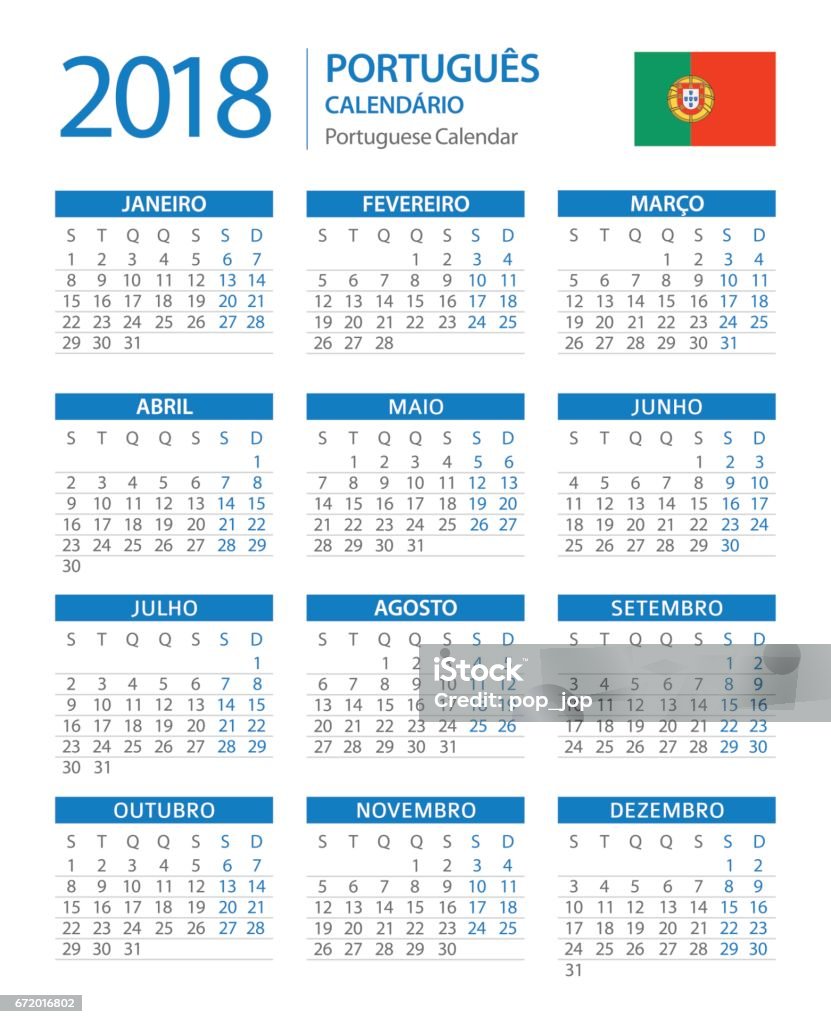 Calendário 2018 Vertical azul - versão em Português - Vetor de 2018 royalty-free