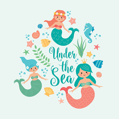 Card with mermaid, leaves, seashells and fish. Simple and cute illustration in pastel colors.