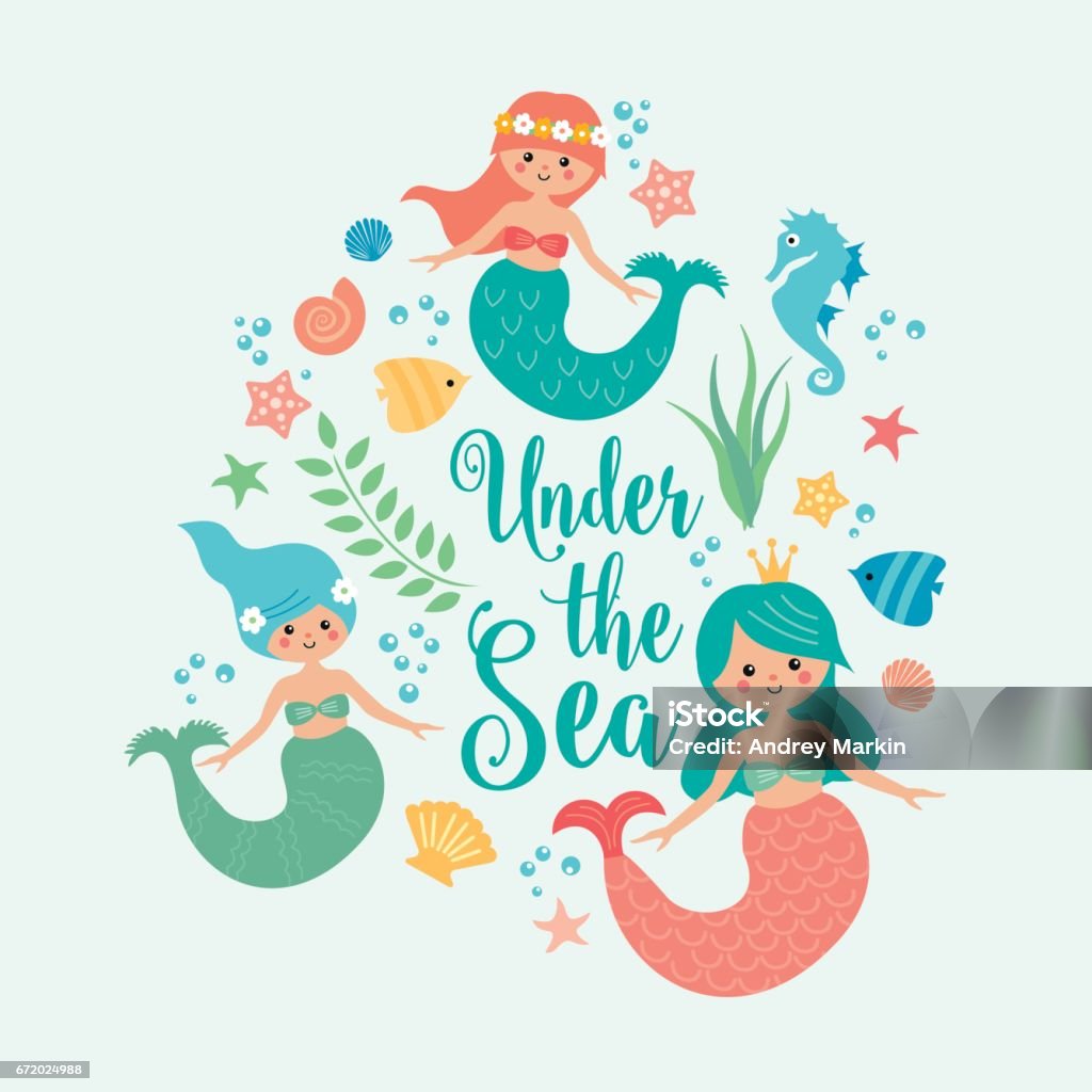 Under the sea card with mermaid Card with mermaid, leaves, seashells and fish. Simple and cute illustration in pastel colors. Mermaid stock vector