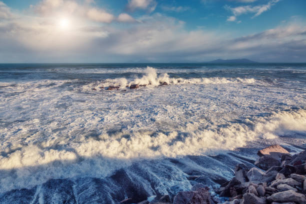 istock Fantastic sea view with blue sky and strong storm waves. 672029172
