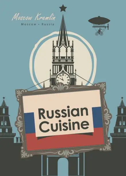 Vector illustration of banner restaurant russian cuisine with Kremlin