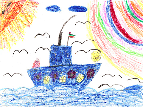 Childrens painting ship in sea