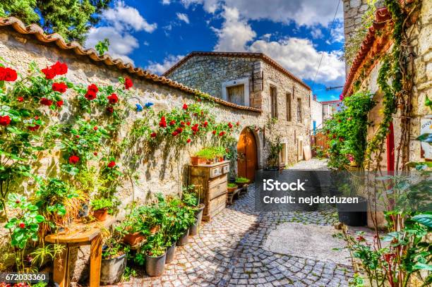 Street View Of Alacati Town In The Turkey Stock Photo - Download Image Now - Alacati, Bougainvillea, Türkiye - Country