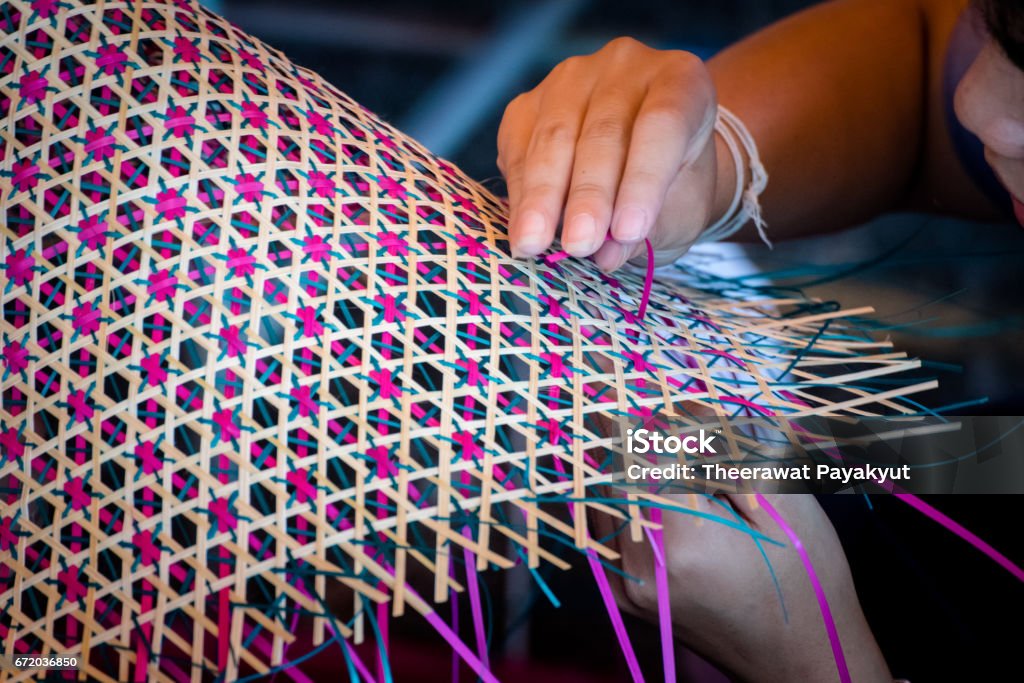 Close up Hands  weaving a woven mat   Thai's artwork. Weaving Stock Photo