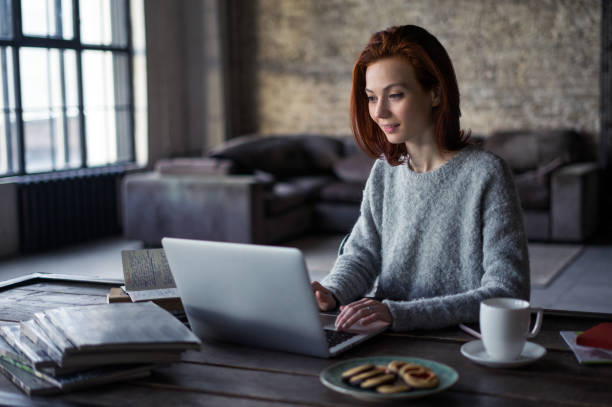 istock Young woman working on a laptop in a loft apartment 672040048