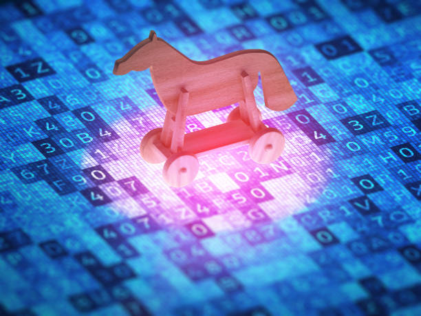 Cyber security concept. Cyber security concept. Toy horse on a digital screen, symbolizes the attack of the Trojan virus. 3D illustration. trojan horse stock illustrations