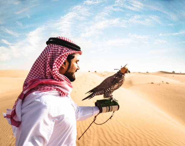 istock sheik with the falcon in the desert 672040440