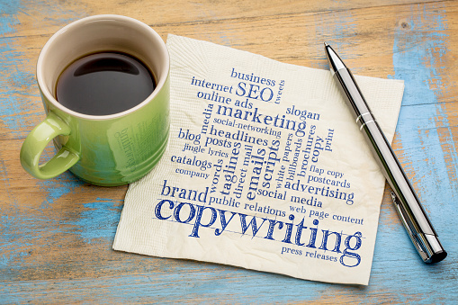 copywriting word cloud  - handwriting on a napkin with a cup of coffee