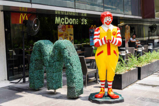 BANGKOK, THAILAND MARCH 25, 2017: Ronald McDonald making the traditional Thai 'wai' greeting stands outside a McDonald's company outside of Central Ladprao shopping mall