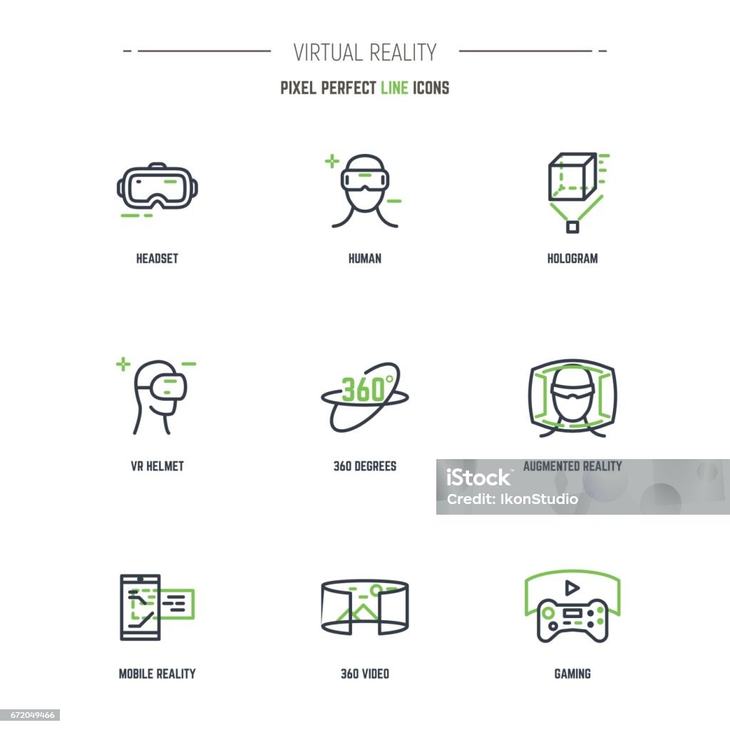 9 VR line icon set VR icon set. Line style thin and thick outlines vector. Glasses, headset, helmet, 360 degrees icon, joystick and other objects related to virtual reality. Pixel perfect 64x64 pixels icons. Virtual Reality Simulator stock vector