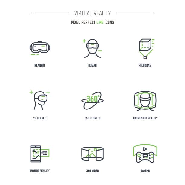 9 VR line icon set VR icon set. Line style thin and thick outlines vector. Glasses, headset, helmet, 360 degrees icon, joystick and other objects related to virtual reality. Pixel perfect 64x64 pixels icons. virtual reality icon stock illustrations