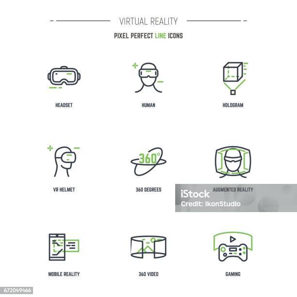 9 Vr Line Icon Set Stock Illustration - Download Image Now - Virtual Reality Simulator, Virtual Reality, Line Icon