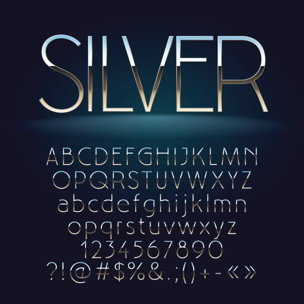 ilustrações, clipart, desenhos animados e ícones de vetor definido de slim prata letras, números e símbolos - capital letter