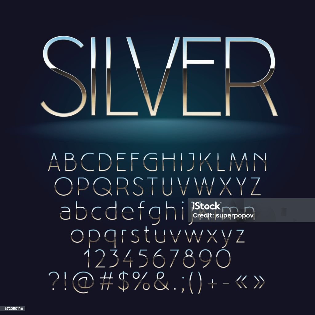 Vector set of slim silver letters, numbers and symbols Vector set of slim silver letters, numbers and symbols. Contains graphic style Silver - Metal stock vector