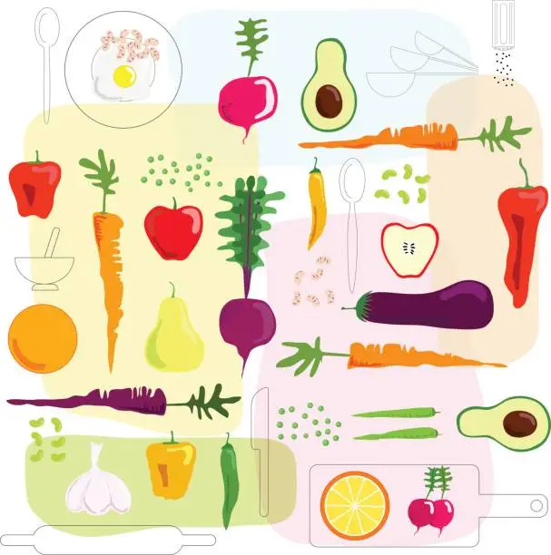 Vector illustration of Fresh vegetables and fruits illustrated background.