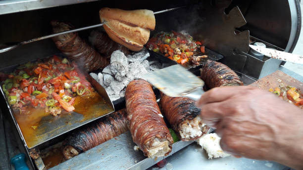 istock Turkish Street Food Kokorec made with sheep bowel. 672052170