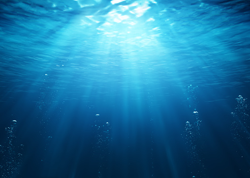 Escena bajo el agua con burbujas y rayos de sol - ilustración 3d photo