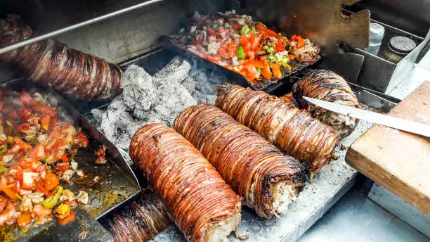 Turkish Street Food Kokorec made with sheep bowel. Traditional fast food.