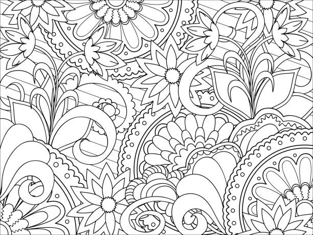 kwiatowy wzór zen - white background relaxation black flower stock illustrations