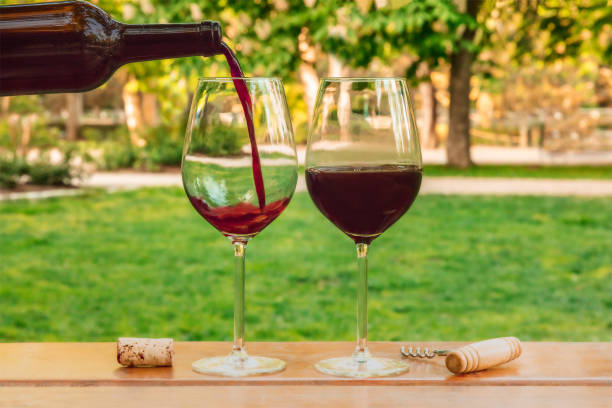 vin rouge versé dans le verre à pique-nique, avec fond - beaujolais nouveau photos et images de collection