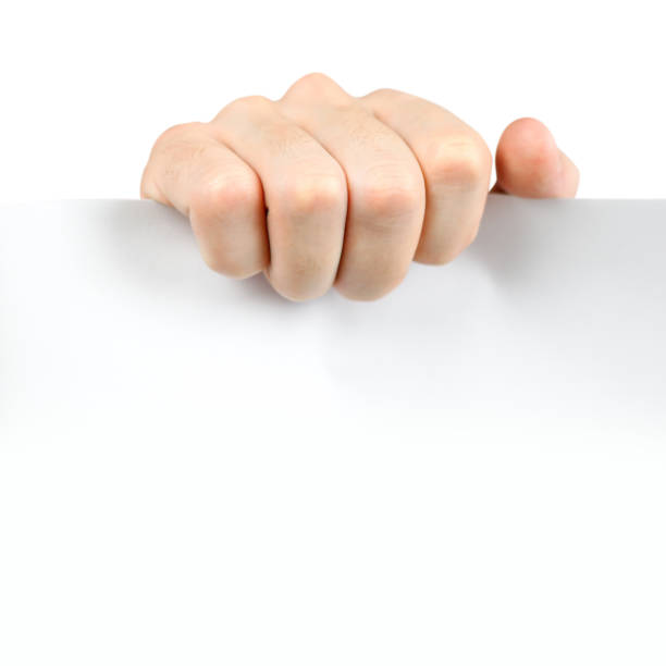 istock Man hand holding blank advertising card on white background. Close up. 672064426