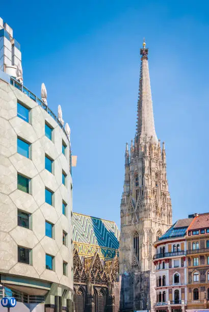 Photo of Vienna St. Stephen's Cathedral with Haas Haus in summer, Vienna, Austria