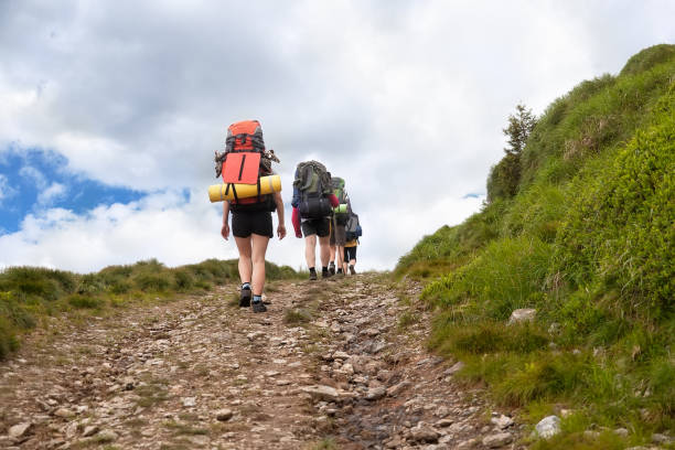 istock tourists trekking on dirt road 672066964