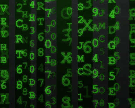 Green letters and numbers grungy alphanumeric data background
