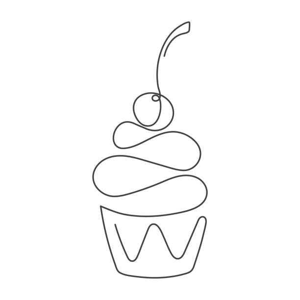 Continuous line cupcake with cherry on top isolated on white background. Vector illustration. Continuous line cupcake with cherry on top isolated on white background. Vector illustration. One line drawing. Hand drawn element for cafe, bakery icon, inviting card, banner, sale poster, flyer animal imitation stock illustrations