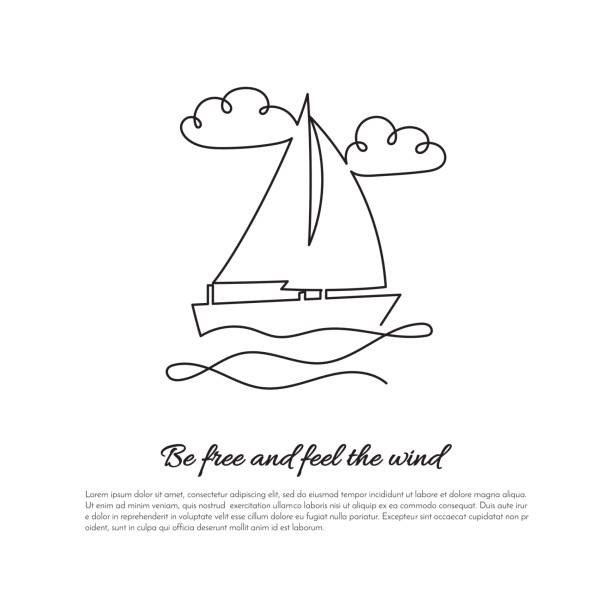 ilustrações de stock, clip art, desenhos animados e ícones de one continuous line sailing boat on waves with sign - sea water single object sailboat