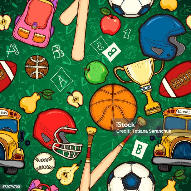 School Seamless Pattern With Education Elements Stock Illustration -  Download Image Now - Apple - Fruit, Backgrounds, Basketball - Ball - iStock