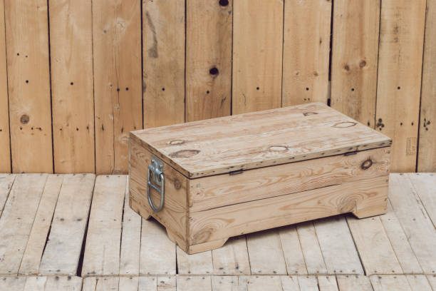 istock wood box on on wood table 672077108