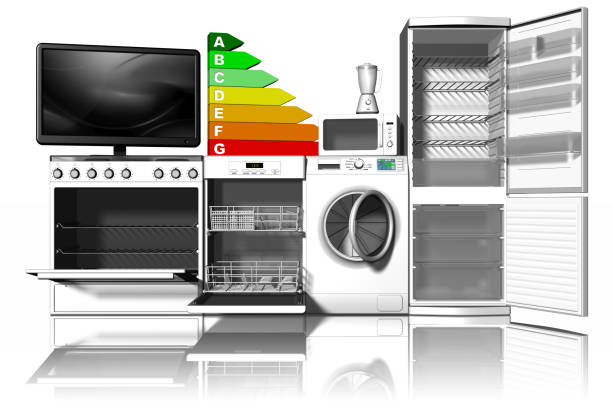 Household appliances Energy saving Household appliances. Stove, dishwasher, washing machine, refrigerator, with side by side symbol of energy saving. costus stock pictures, royalty-free photos & images