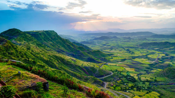Panorama of Semien mountains and valley around Lalibela Ethiopia stock photo