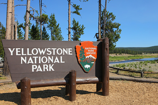 Yellowstone National Park Sign at the South Entrance from the Grand Teton NP side.