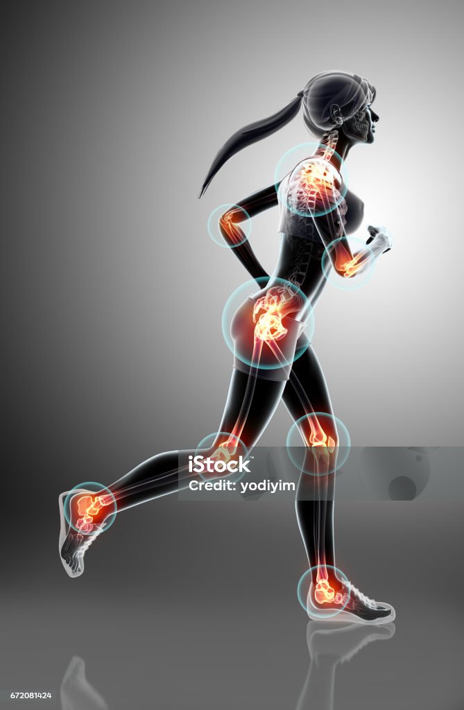 3d illustration - woman runing pose. 3d illustration - woman runing pose with x-ray joint position and skeleton. Running stock illustration