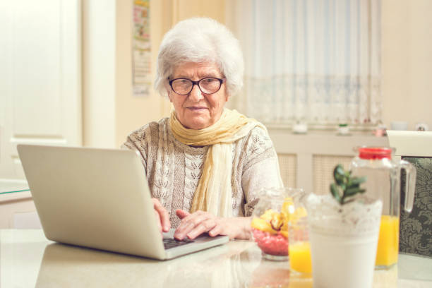 istock Elderly woman using laptop at home. 672093590