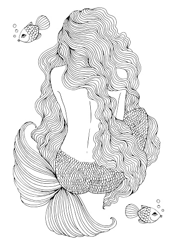 Vector drawing fantastic sea mermaid with long wavy hair sits with his back. Ornamental decorated graphic illustration of a mermaid tattoo. Coloring  page sea nymph. Fairy tale characters.