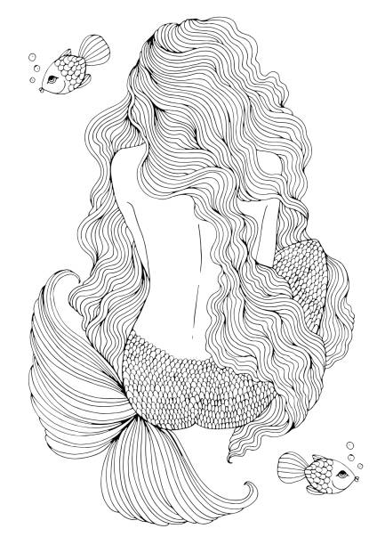 Ornamental fantastic sea mermaid with long wavy hair sits with his back. Vector drawing fantastic sea mermaid with long wavy hair sits with his back. Ornamental decorated graphic illustration of a mermaid tattoo. Coloring page sea nymph. Fairy tale characters. goddess of ocean stock illustrations