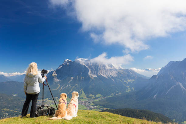 自然写真家は彼女の犬、ツークシュピッツェ山、アルプスの眺めを楽しむ - zugspitze mountain mountain tirol european alps ストックフォトと画像