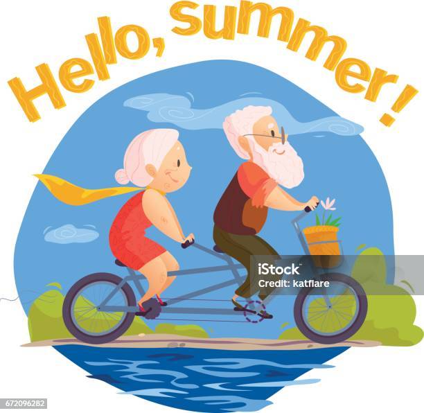 Vector Flat Portrait Of Old Cute Loving Couple Riding Double Bicycle Stock Illustration - Download Image Now