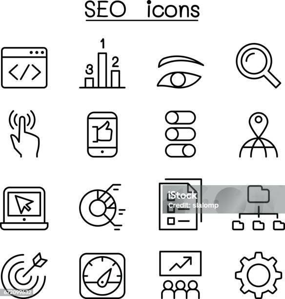 Seo Optimization Icon Set In Thin Line Style Stock Illustration - Download Image Now - Icon Symbol, Looking At View, Page