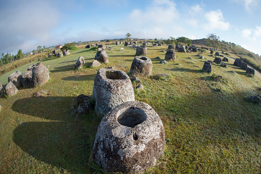 the plain of jars sit1 in the morning near the town of Phonsavan in the province Xieng Khuang in north Lao in southeastasia.