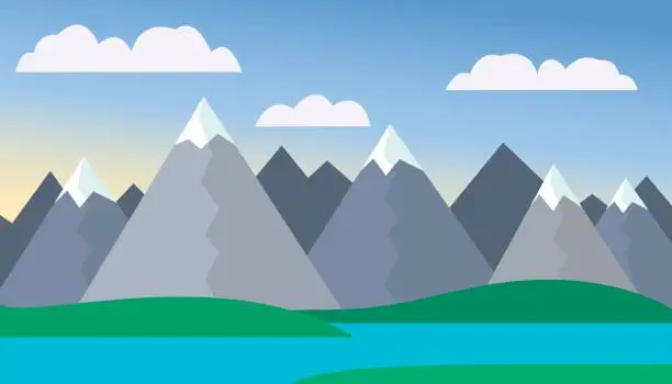 Vector illustration of Mountain cartoon landscape with green hills and mountains with peaks under snow, with lake or river in front of mountains under blue sky with clouds with mist background - vector, flat
