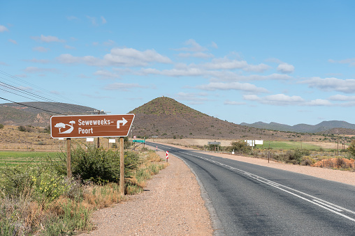 The start of the scenic Seweweekspoort (seven week portal) drive through the Swartberg (black mountain) in the Western Cape Province