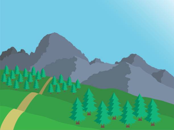 Cartoon view of mountain landscape of High Tatras in Slovakia with coniferous trees under blue sky - vector Cartoon view of mountain landscape of High Tatras in Slovakia with coniferous trees under blue sky - vector tatra mountains stock illustrations