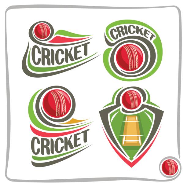 Vector set icons for Cricket game Vector set icons for Cricket game: red ball flying on curve on pitch field, abstract clip art sign with title text - cricket, graphic image of sports emblem shield on cricket theme, isolated on white. cricket team stock illustrations