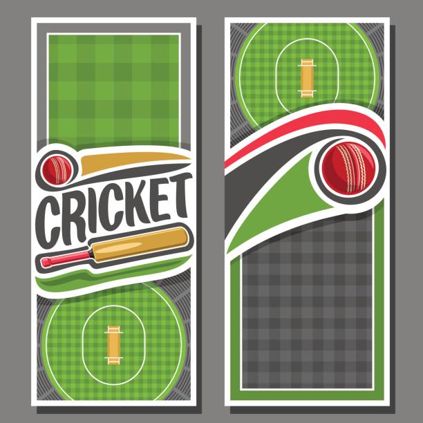 Vector vertical Banners for Cricket game Vector vertical Banners for Cricket game: 2 layouts for title text on cricket theme, bat and red ball flying on curve trajectory, checkered field with pitch, banner for inscriptions on grey background cricket team stock illustrations